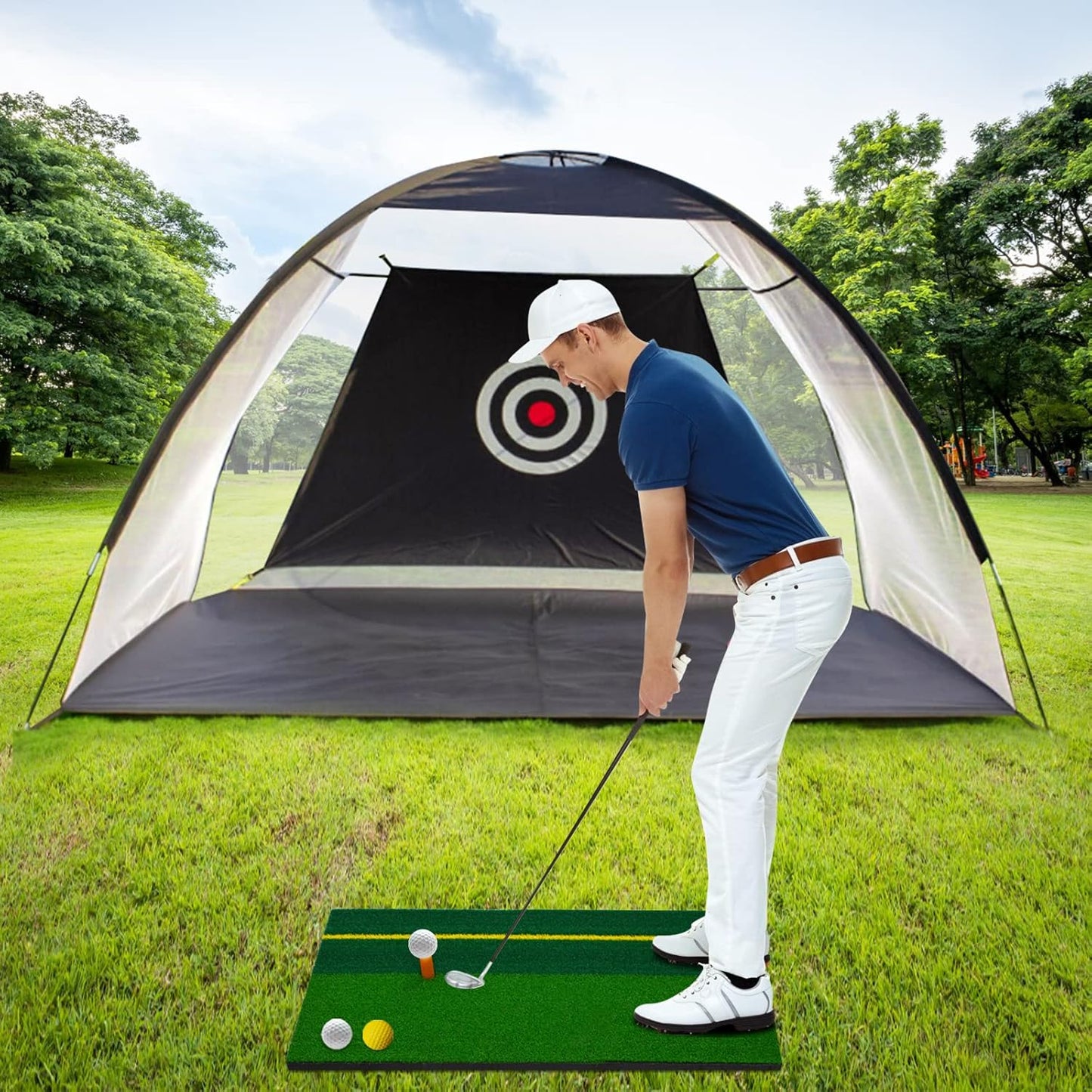 Golf Practice Net with Target, Foldable Training Aid, Large Black Rectangular Golf Net
