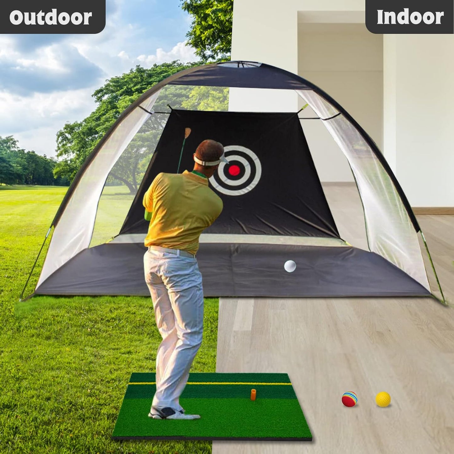Golf Practice Net with Target, Foldable Training Aid, Large Black Rectangular Golf Net